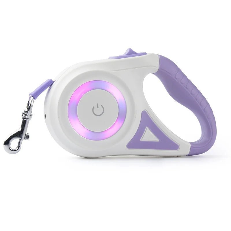 Retractable dog leash with illuminated LED ring and flashlight in a white and purple handle (view 10)