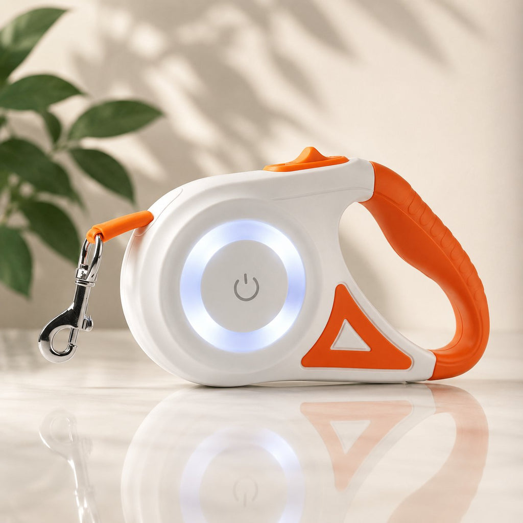 Retractable dog leash with illuminated LED ring and flashlight in a white and purple handle (view 2)