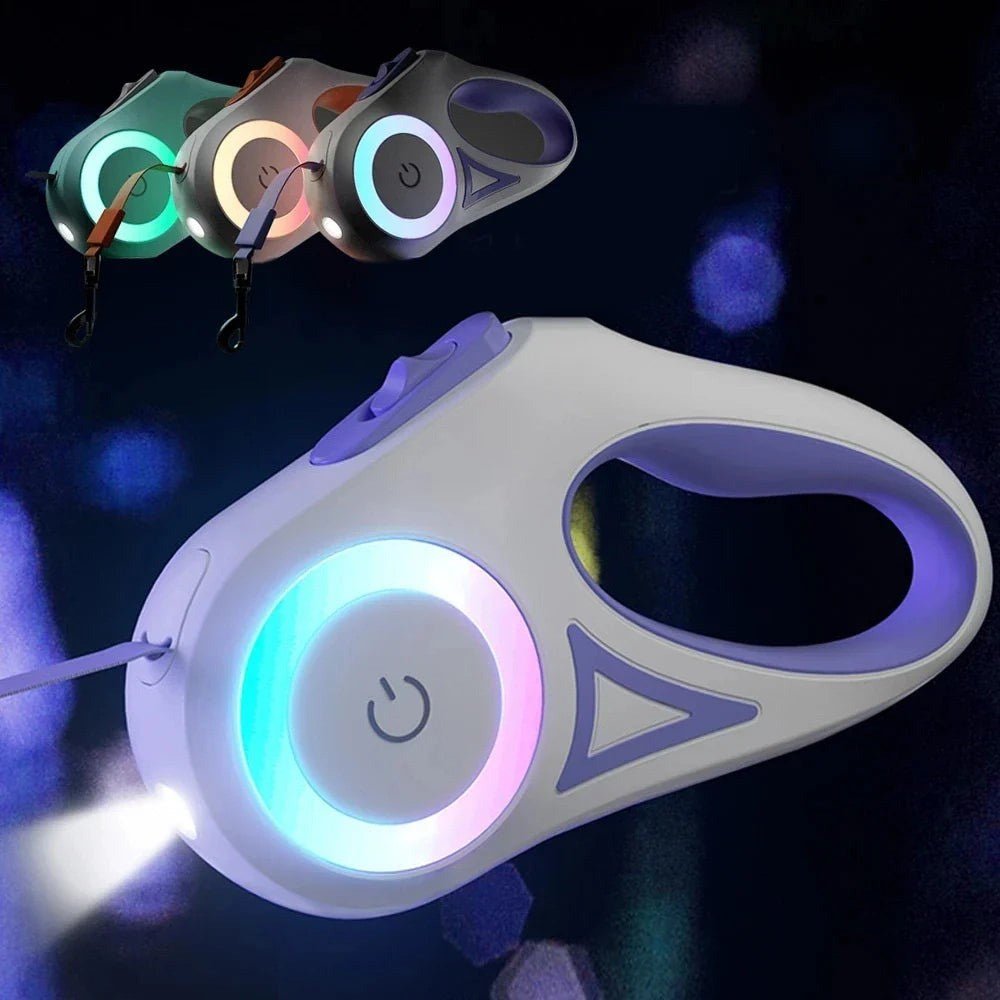 Retractable dog leash with illuminated LED ring and flashlight in a white and purple handle (view 4)