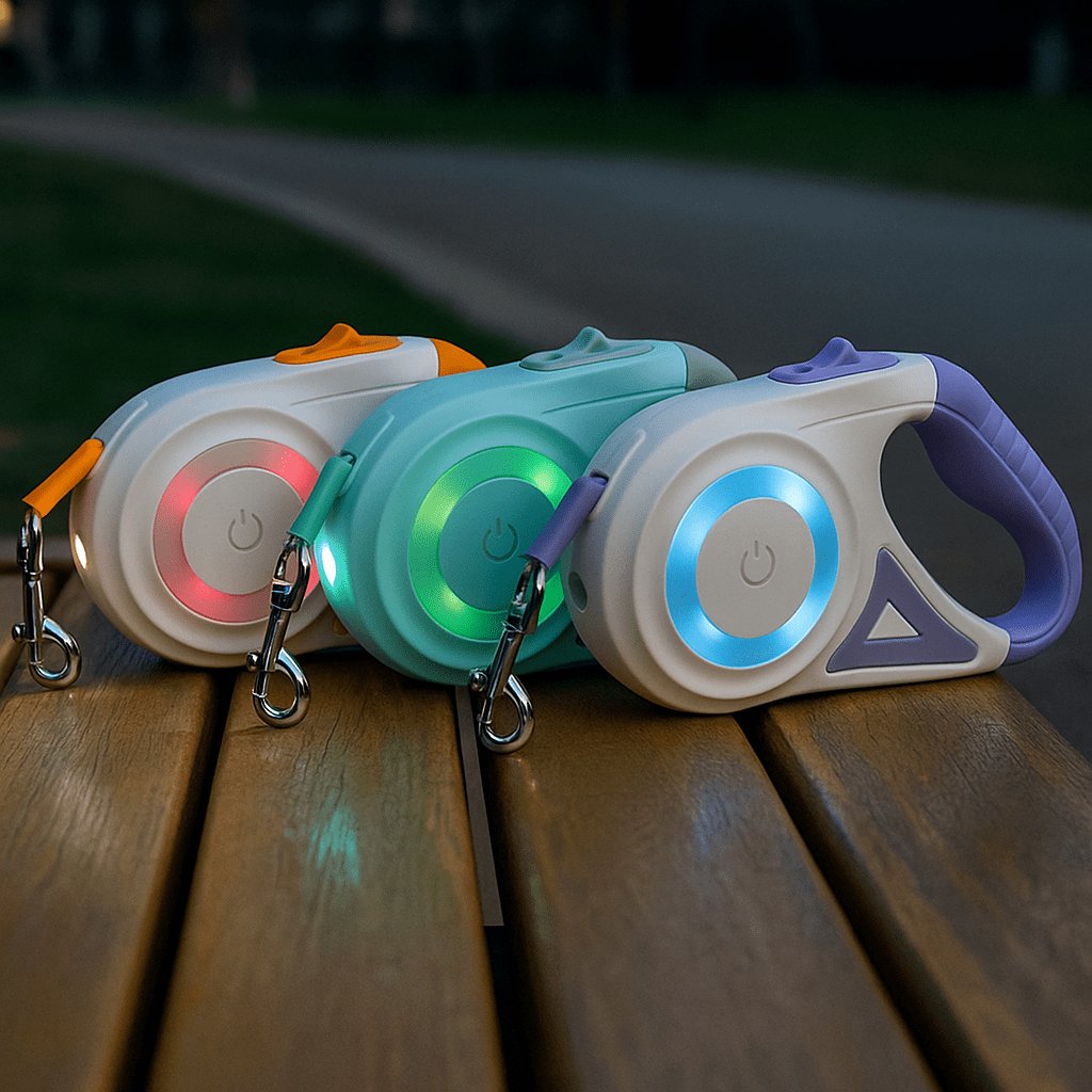 Retractable dog leash with illuminated LED ring and flashlight in a white and purple handle (view 5)