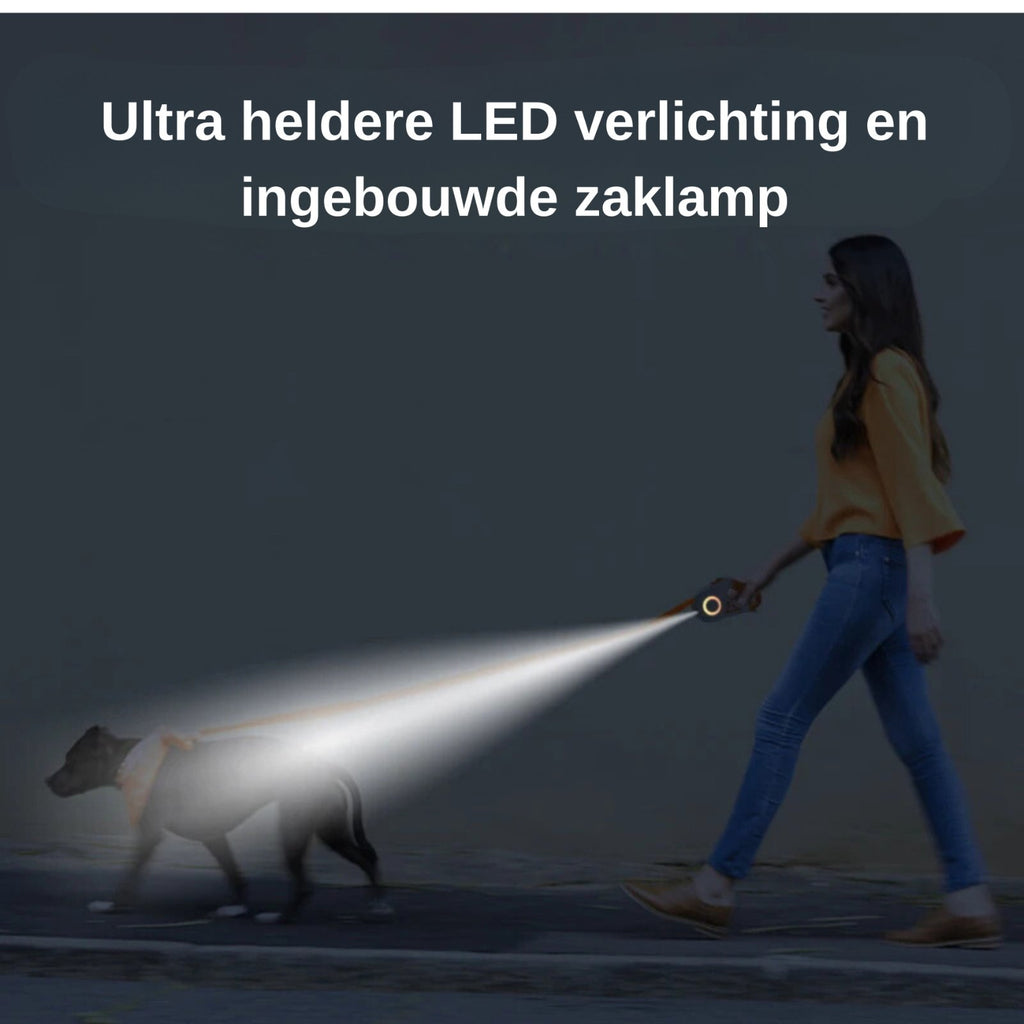 Retractable dog leash with illuminated LED ring and flashlight in a white and purple handle (view 8)