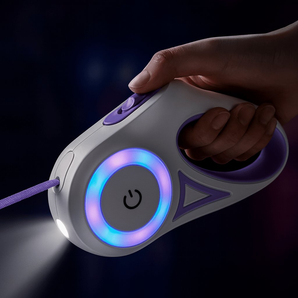 Retractable dog leash with illuminated LED ring and flashlight in a white and purple handle