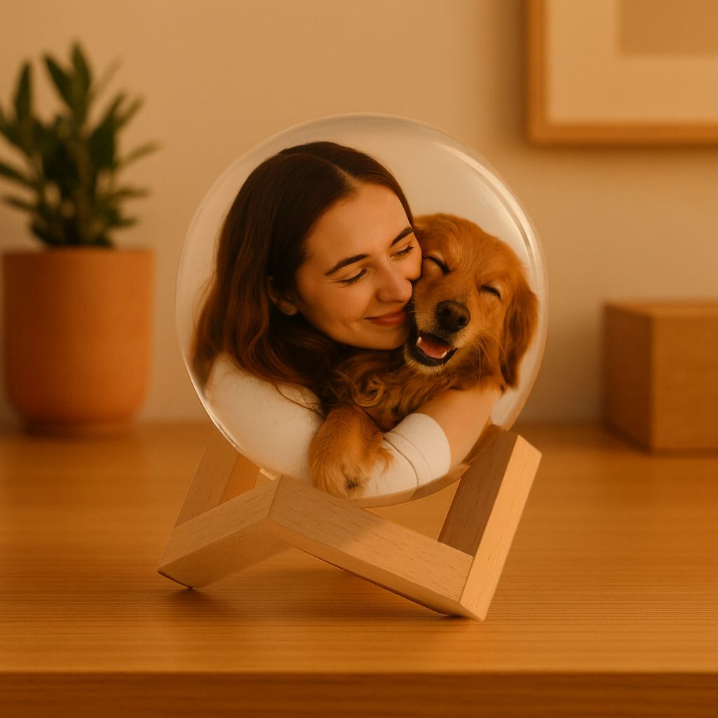 Woman holding a round photo display with her dog
