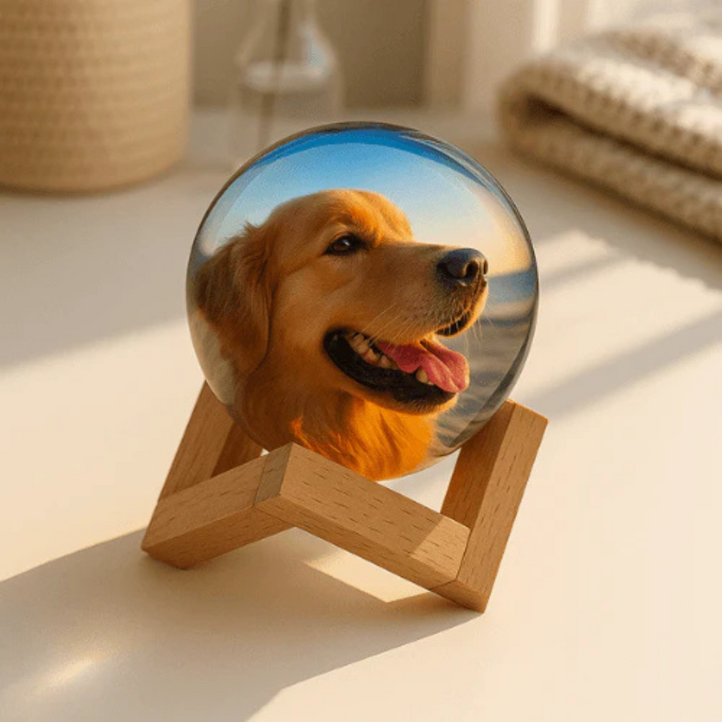 Round photo display showing a dog photo on a wooden stand