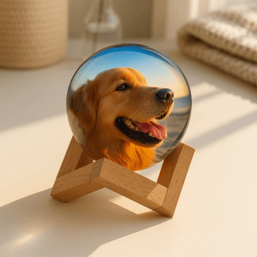 Round photo display showing a dog photo on a wooden stand