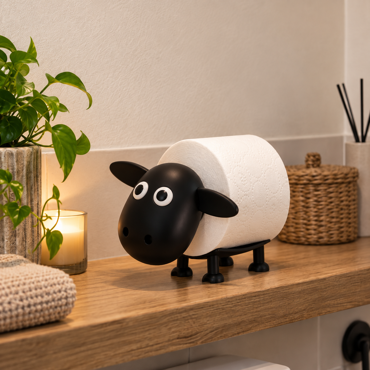 Sheep toilet roll holder with a spare roll on a bathroom shelf