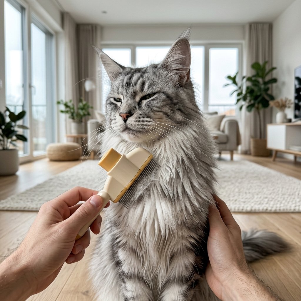 Self-cleaning pet grooming comb with stainless steel teeth and yellow plastic handle held beside a fluffy cat (view 10)