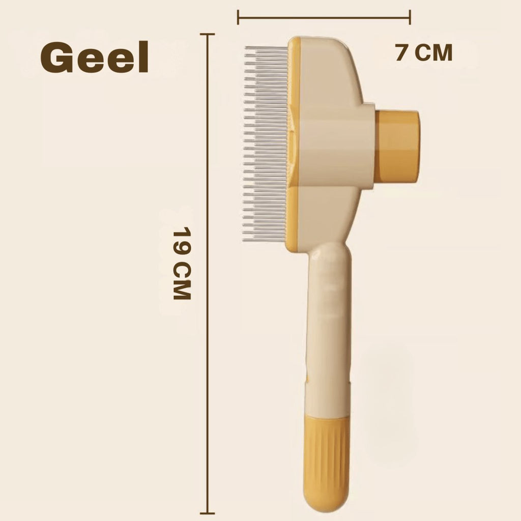 Self-cleaning pet grooming comb with stainless steel teeth and yellow plastic handle held beside a fluffy cat (view 9)
