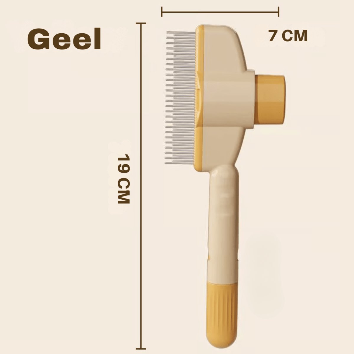 Self-cleaning pet grooming comb with stainless steel teeth and yellow plastic handle held beside a fluffy cat (view 9)
