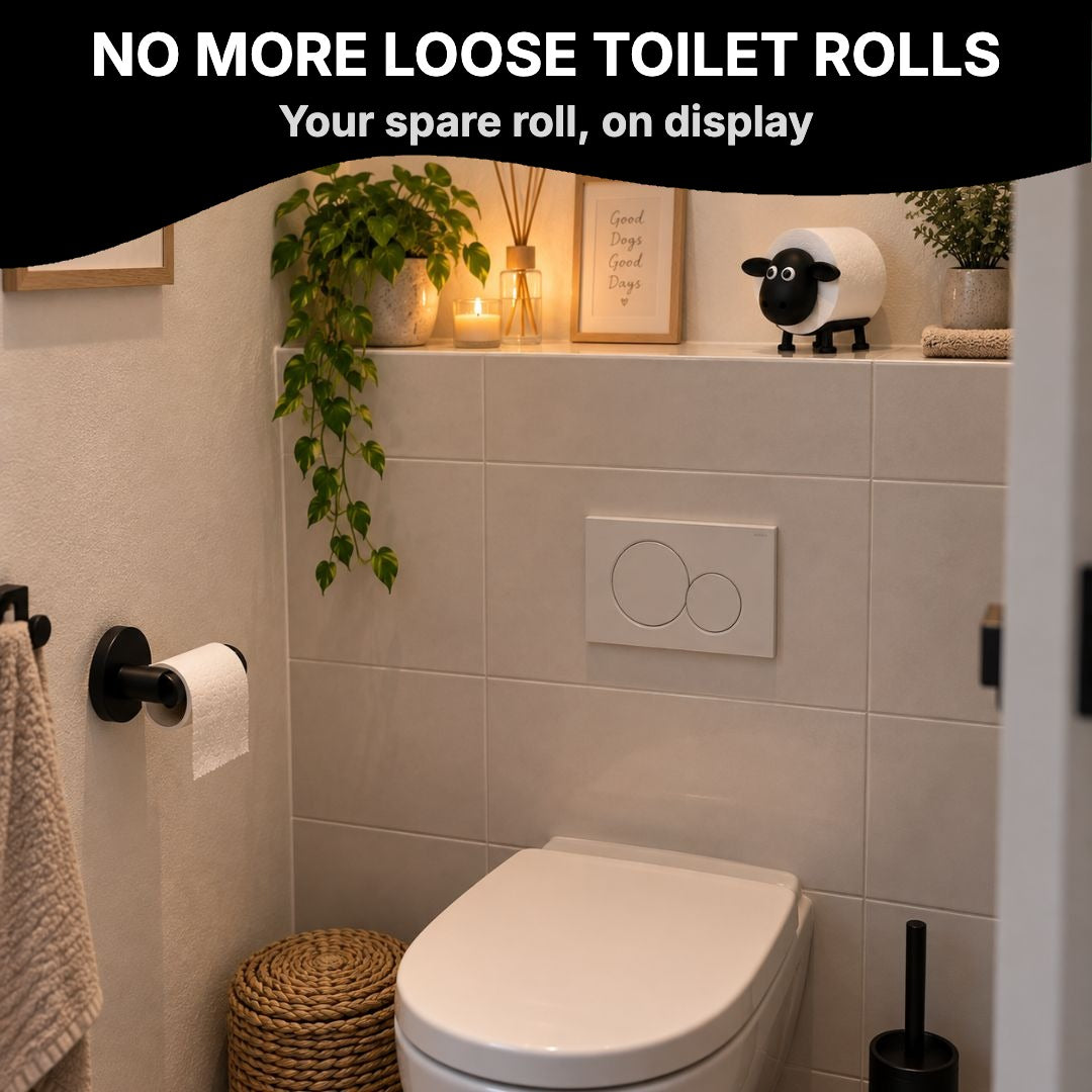 Sheep toilet roll holder on a toilet shelf