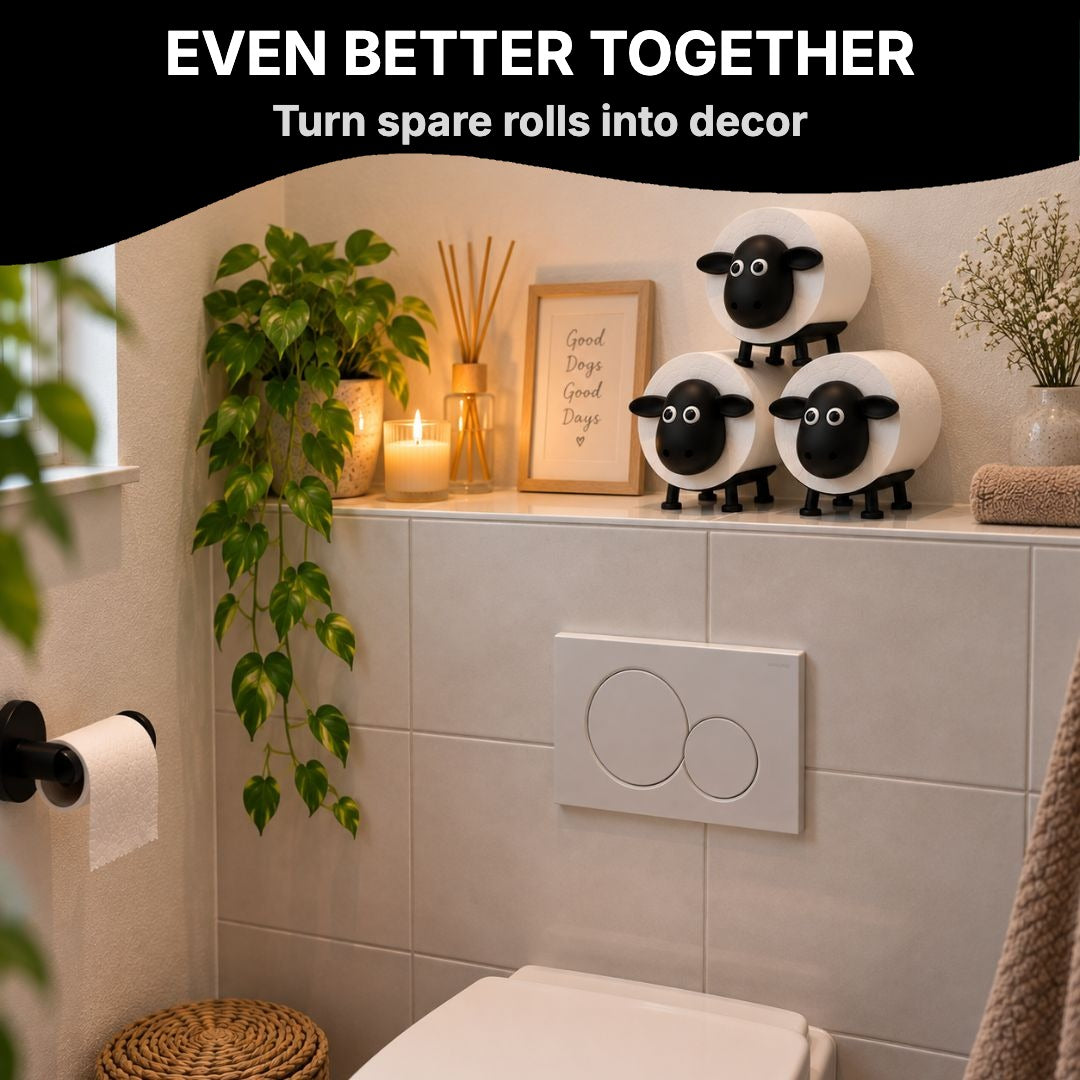 Several sheep toilet roll holders as bathroom decor