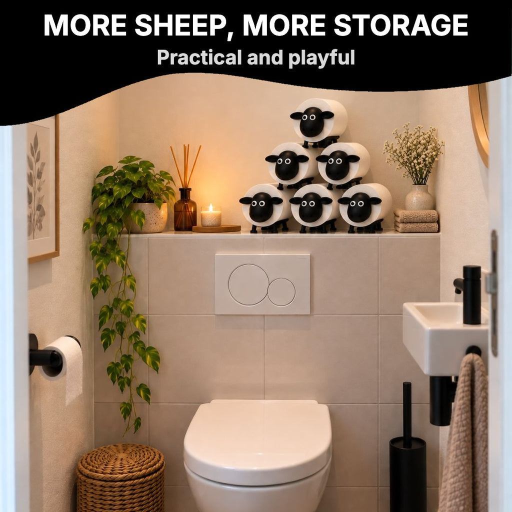 Sheep toilet roll holders in a small bathroom