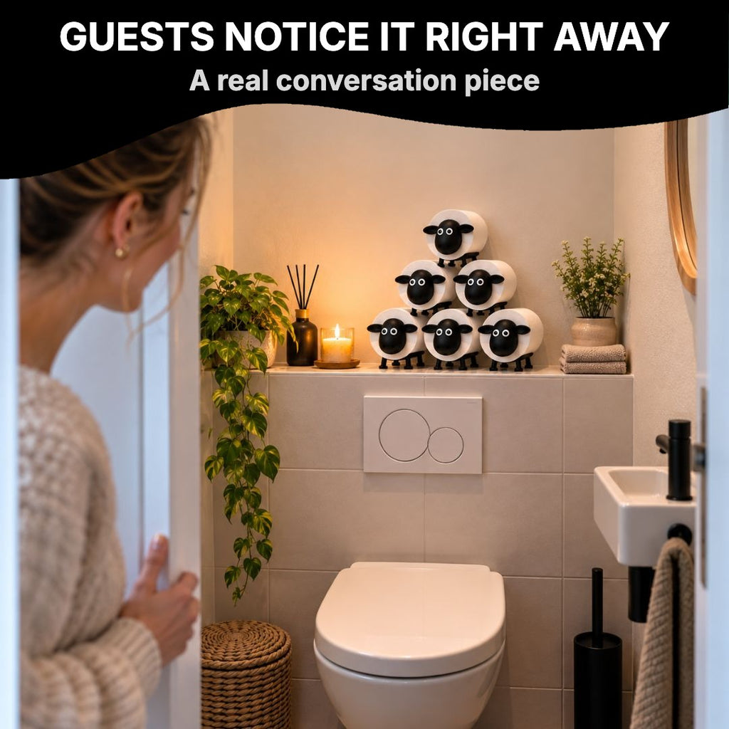 Guest noticing the sheep toilet roll holders