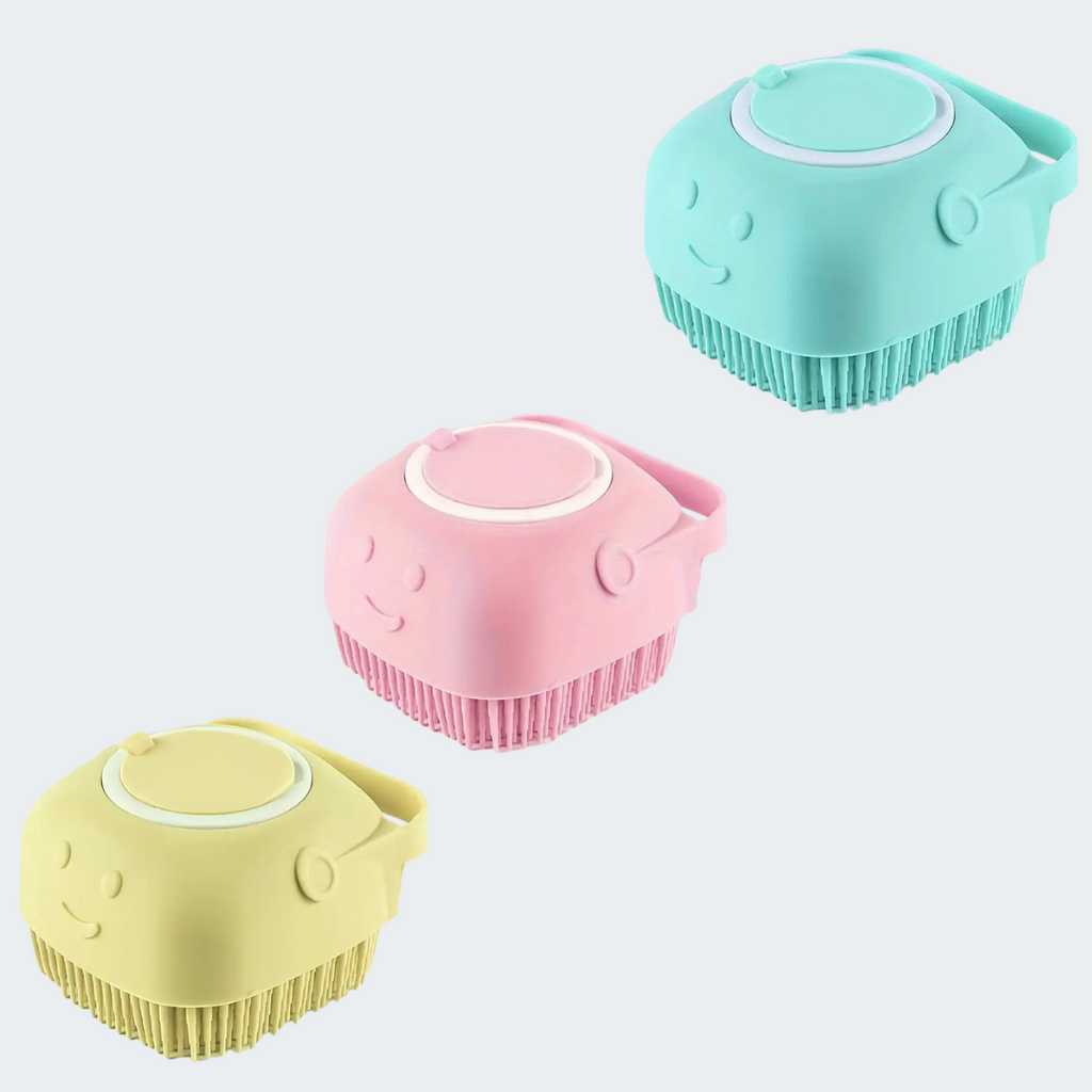 Silicone bath brush in blue, pink and yellow