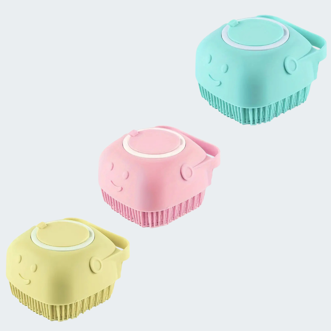 Silicone bath brush in blue, pink and yellow