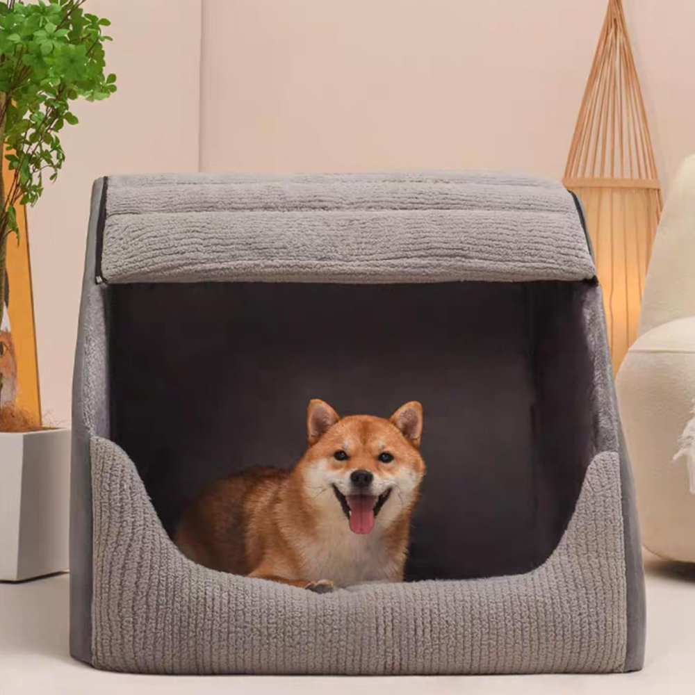 Grey enclosed cave bed for dogs and cats