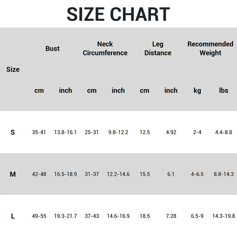 Pet sling carrier size chart