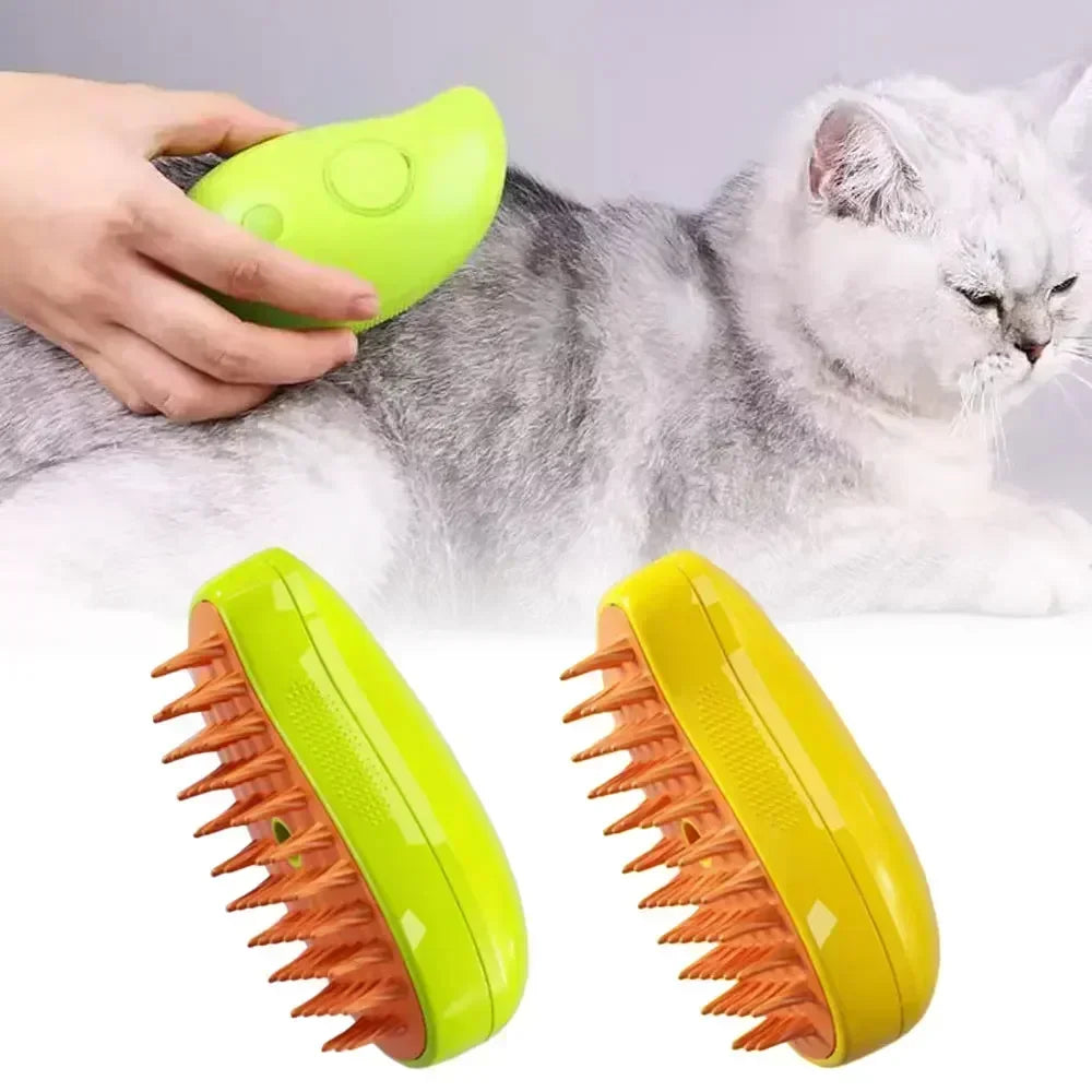 Brushing a cat with the steam brush
