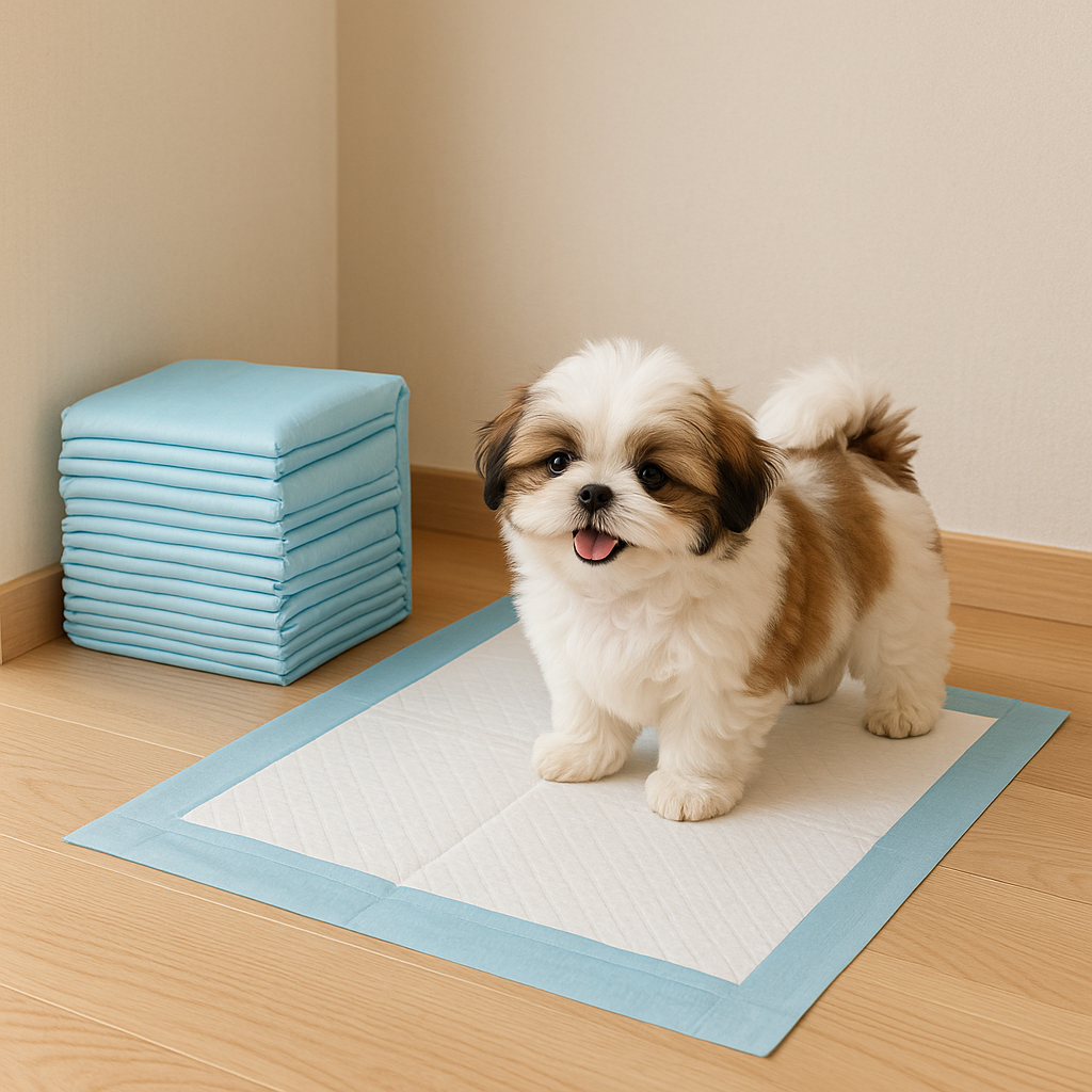 Ultra Absorbent Puppy Training Pads - Odor Blocking, Leak-Proof, Non-Slip - Small dog standing on a pet mat with folded blue pads in the background