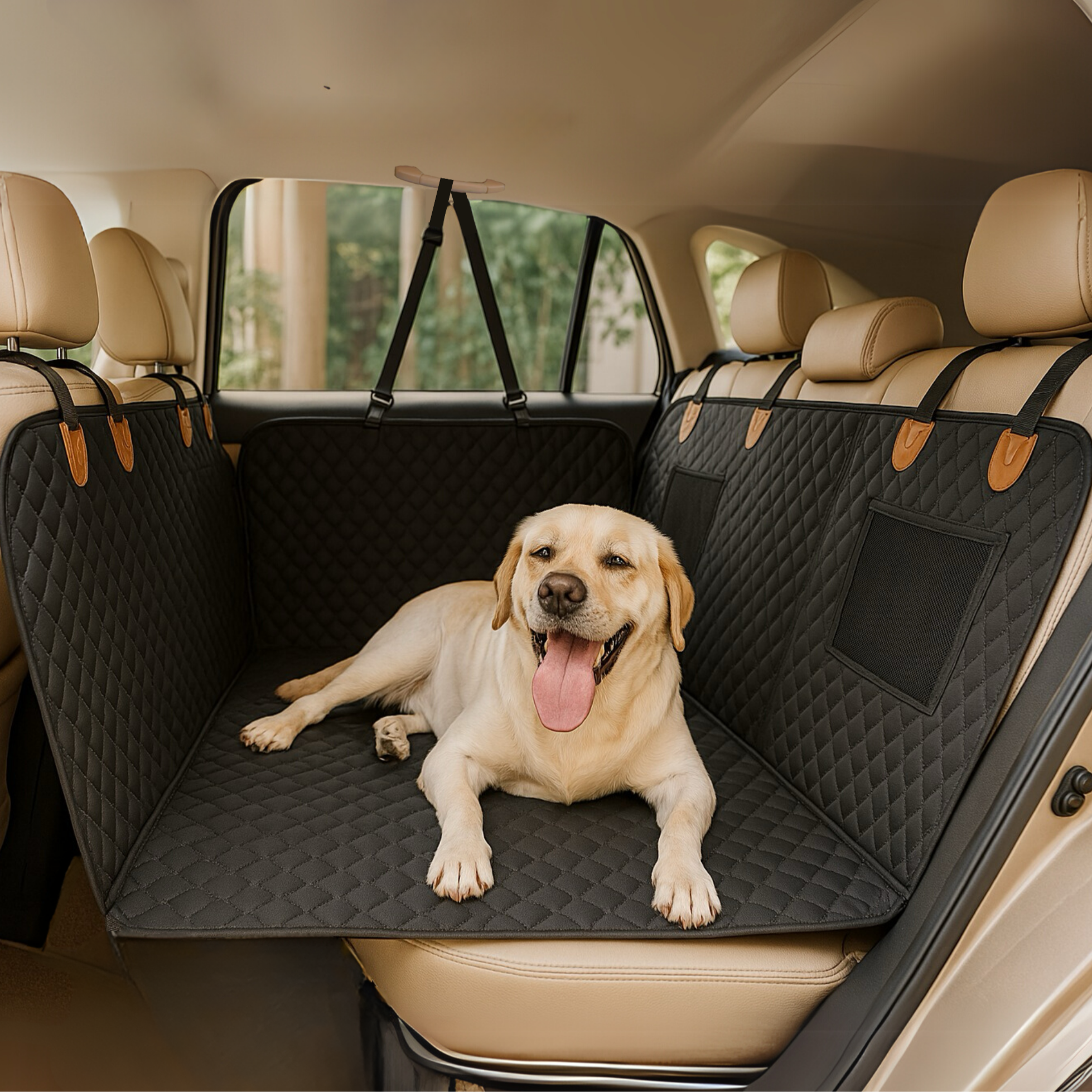 Waterproof Dog Backseat Protector - Full Coverage Car Seat Extender - Dog sitting on a black car seat cover in a vehicle