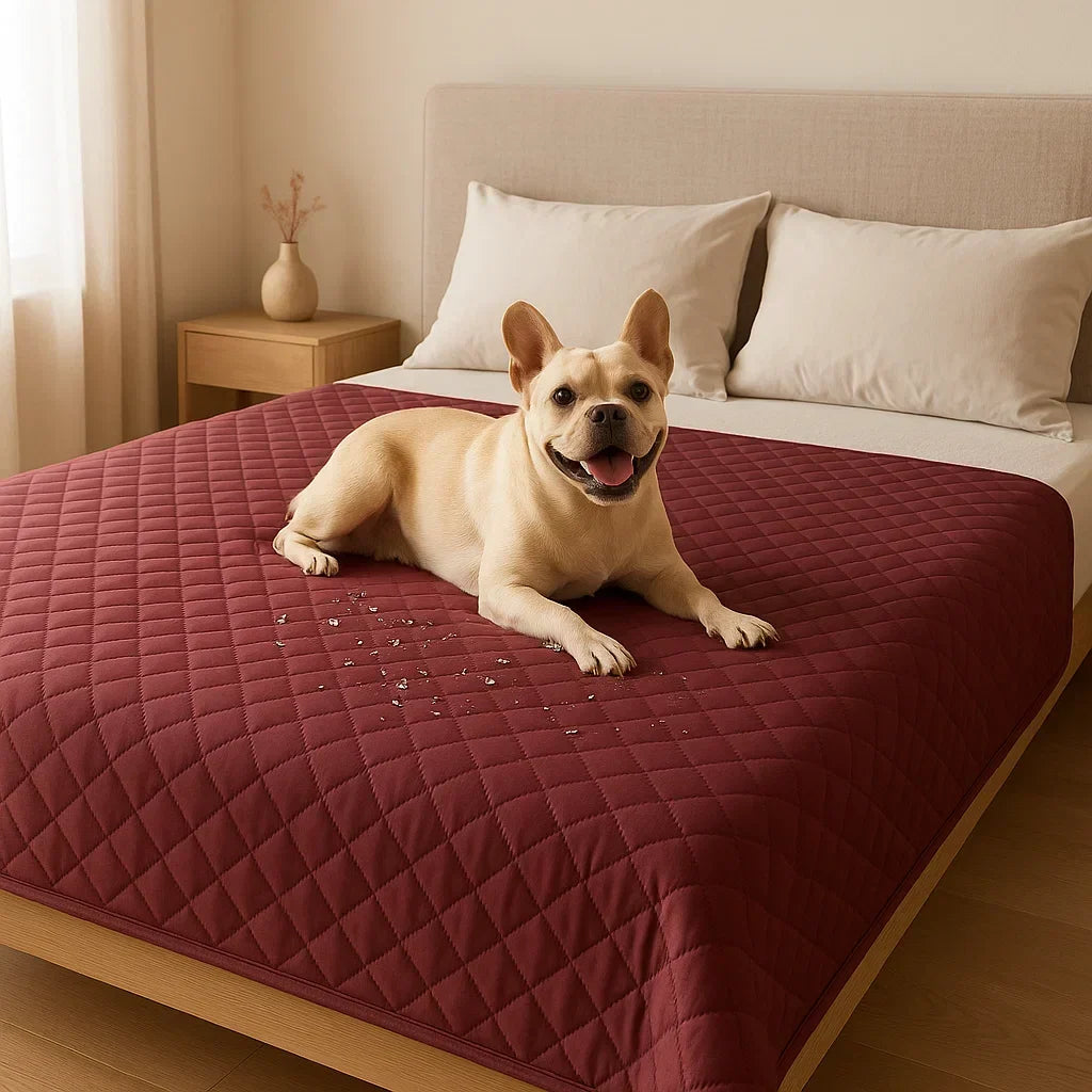 Waterproof Dog Bed Protector Mat - Washable, Non-Slip Pet Furniture Cover - Dog lying on a red quilted bedspread in a bedroom.