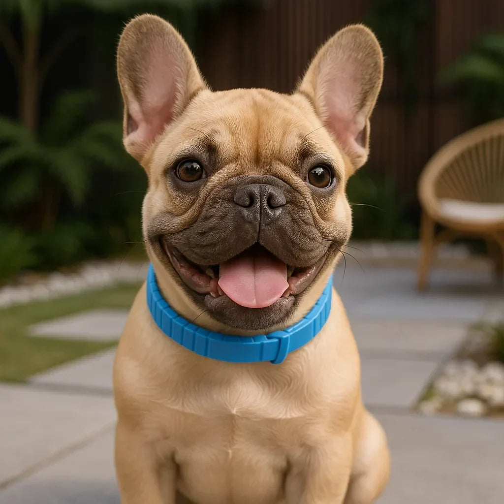 Waterproof Flea Collar for Dogs and Cats - 8-Month Protection - Happy dog with a blue collar sitting outdoors on a patio.