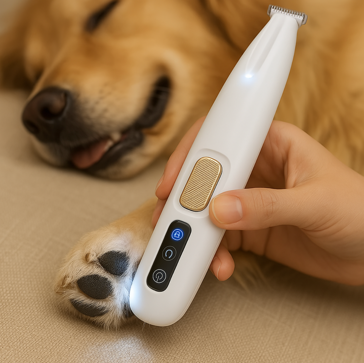 Whisper-Quiet Paw Trimmer for Dogs - LED Light, USB Rechargeable - Person holding a white electronic device near a dog's paw on a beige surface