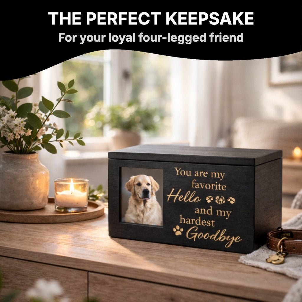 Wooden photo urn on a sideboard