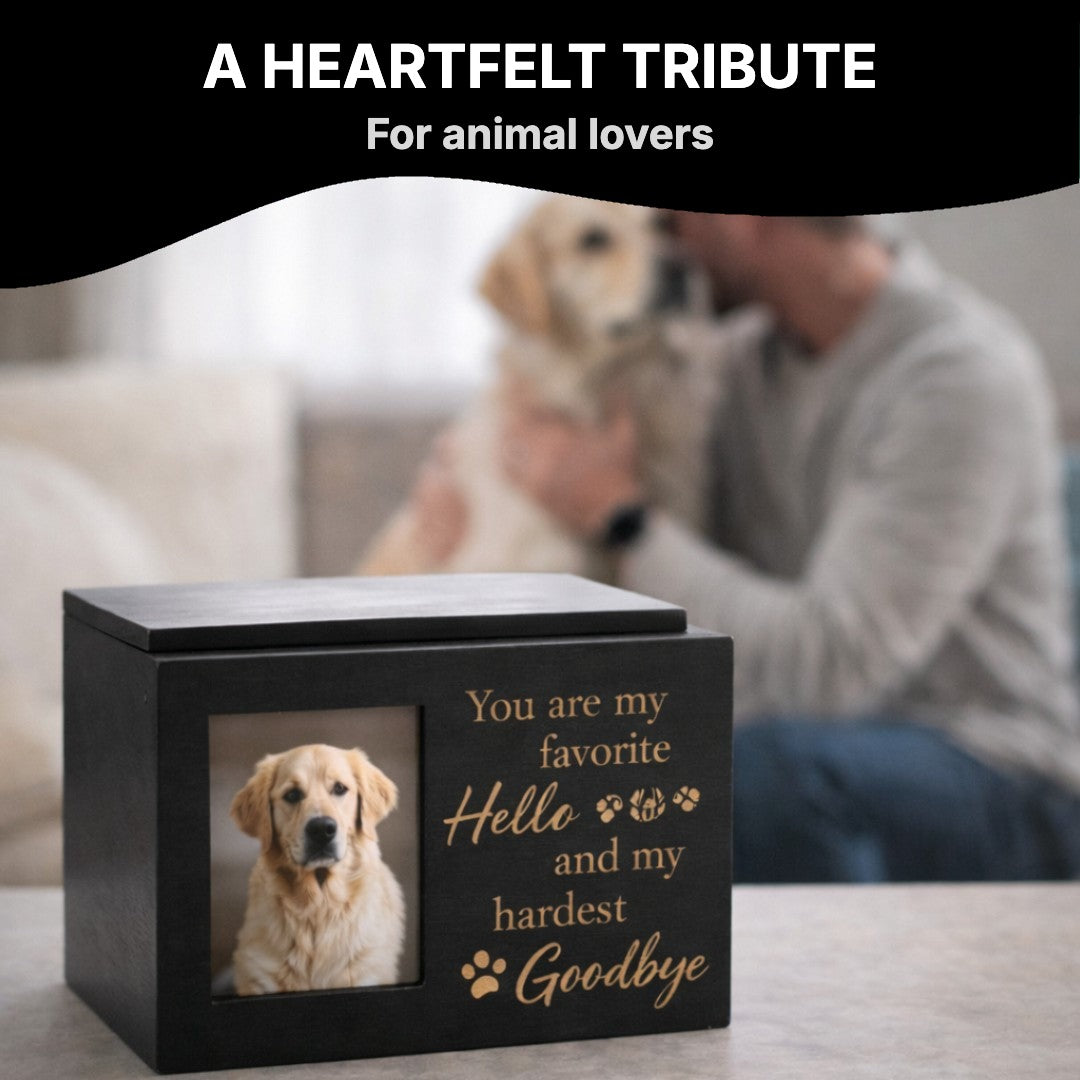 Wooden urn with a photo of a dog