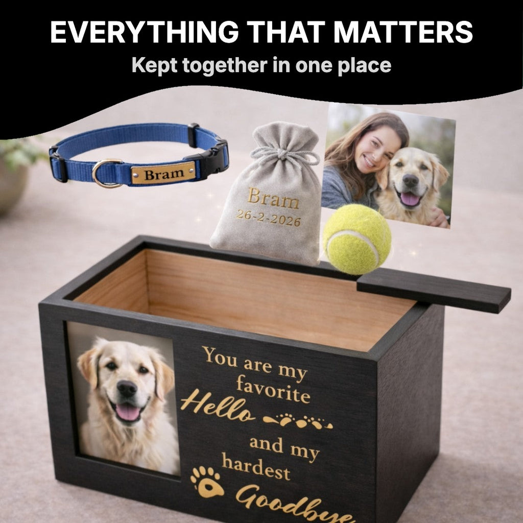 Open wooden urn with collar and keepsakes
