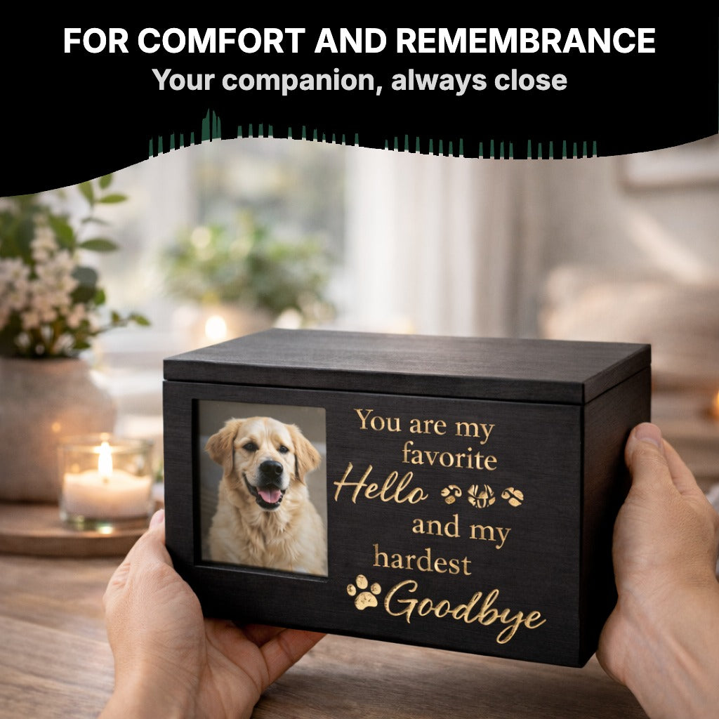 Holding the wooden photo urn