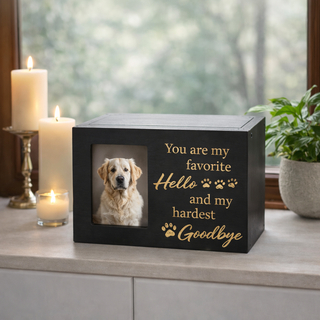 Black wooden dog urn with photo frame